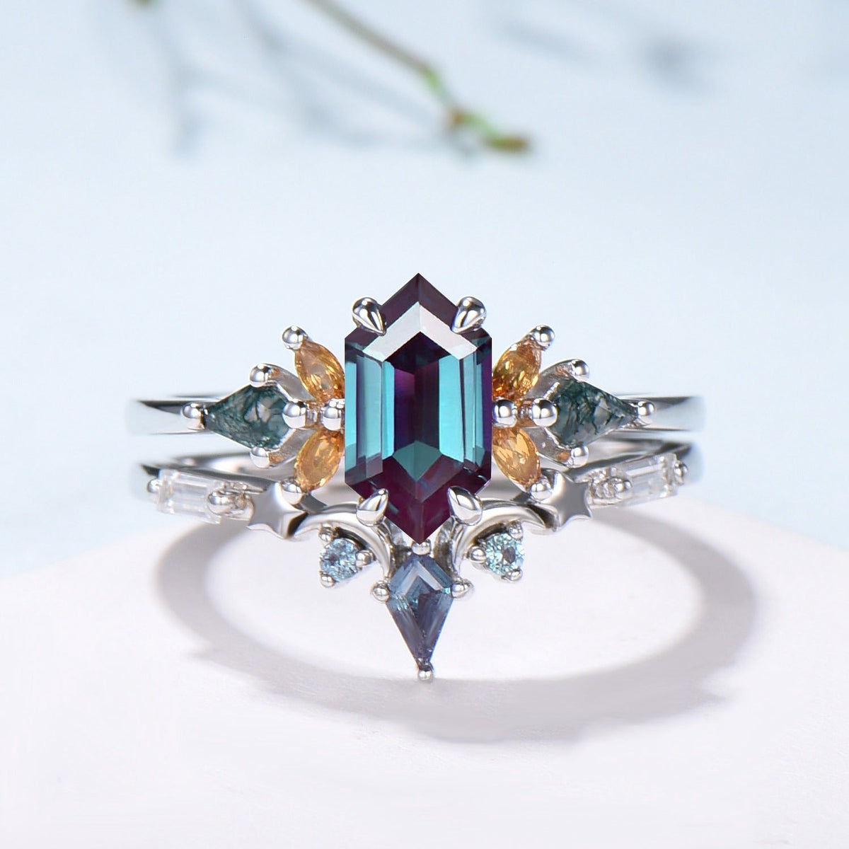 Vintage Elongated Hexagon Alexandrite Bridal Set with Citrine Moss Agate Cluster