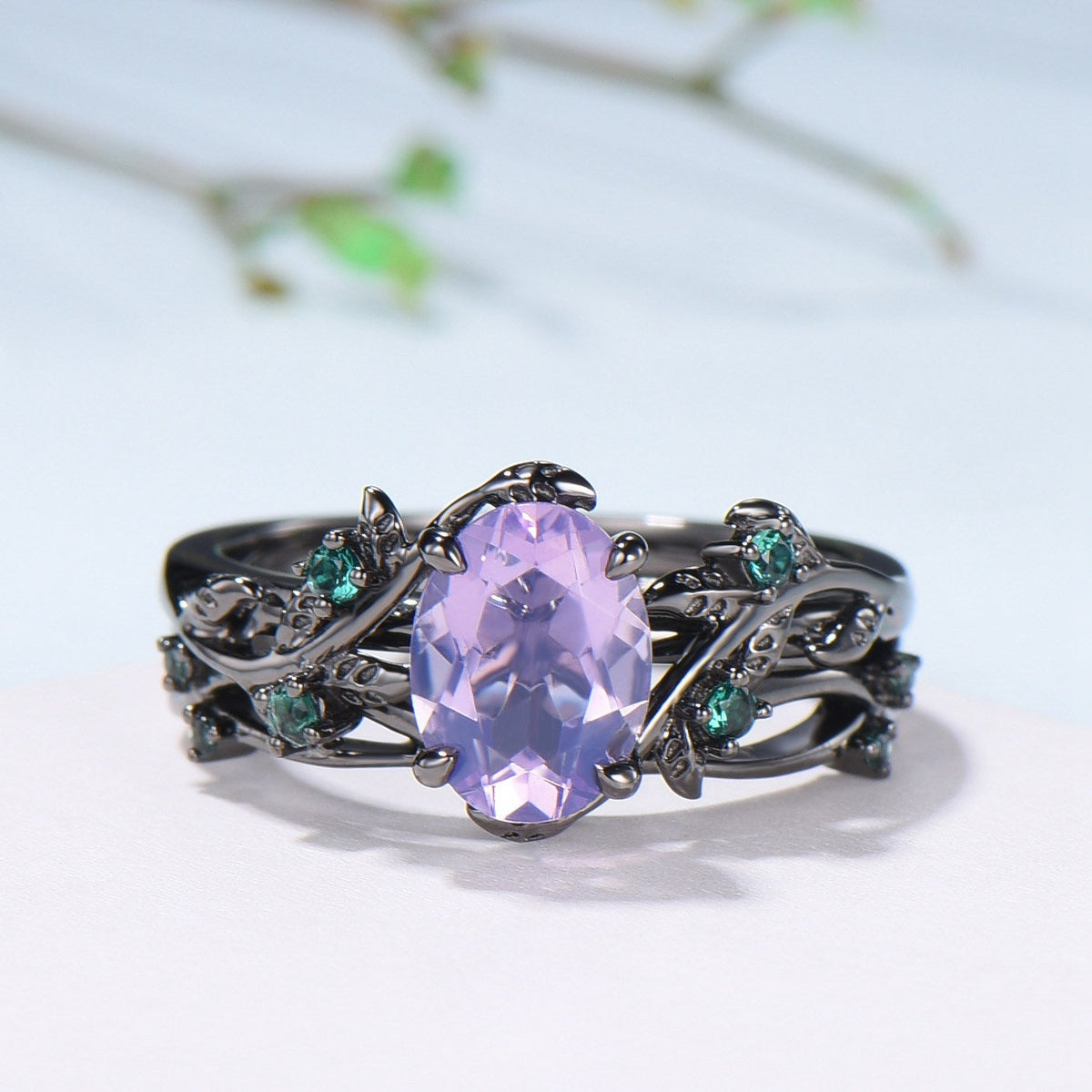 Gothic Oval Lavender Amethyst & Emerald Engagement Ring in Black Gold - Nature Inspired Elvish Vine Band