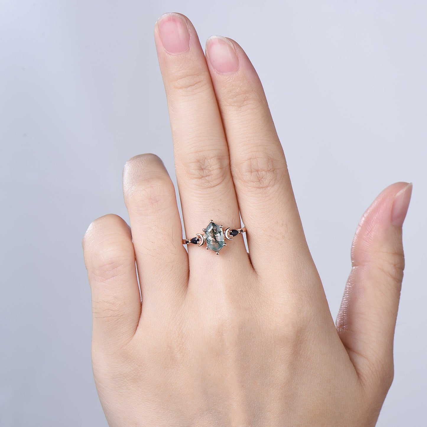 Long Hexagon Moss Agate Engagement Ring, Crescent Moon Blue Sandstone Band, Celestial Jewelry, Unique 14K Rose Gold Wedding Ring Set