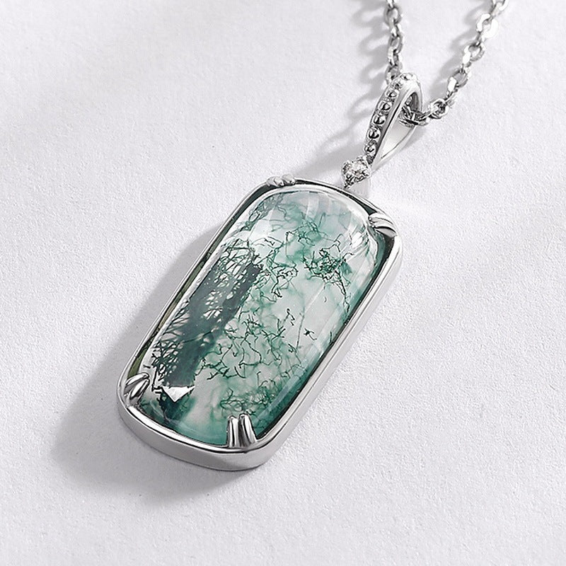Hand Polished Rectangular Cut Moss Agate Pendant Necklace