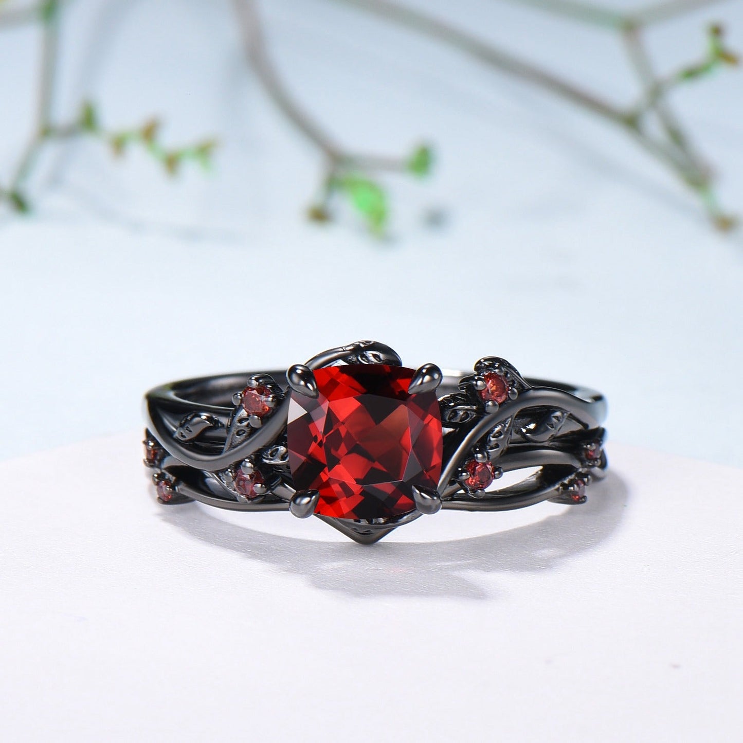 Unique gothic cushion cut garnet wedding ring set black gold natural inspired January birthstone engagement ring for women 2pcs bridal set