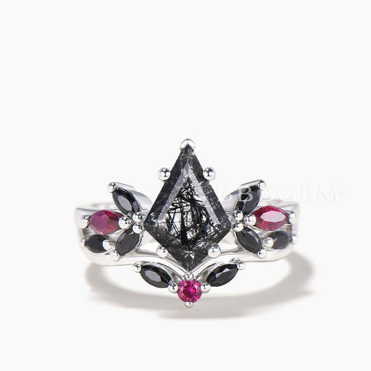 Kite Cut Natural Black Rutilated Quartz Wedding Ring Spinel Ruby Split Shank Ring