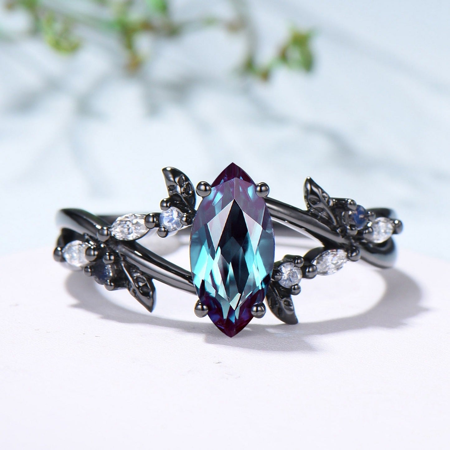 Marquise Cut Alexandrite Engagement Ring Gothic Black Gold Moonstone Cluster Leaves Ring