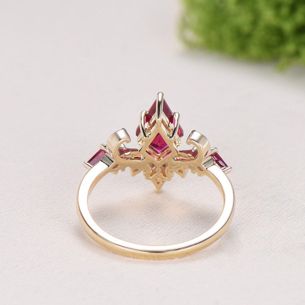 Unique Kite Cut Ruby Engagement Ring Rose Gold Four Max
