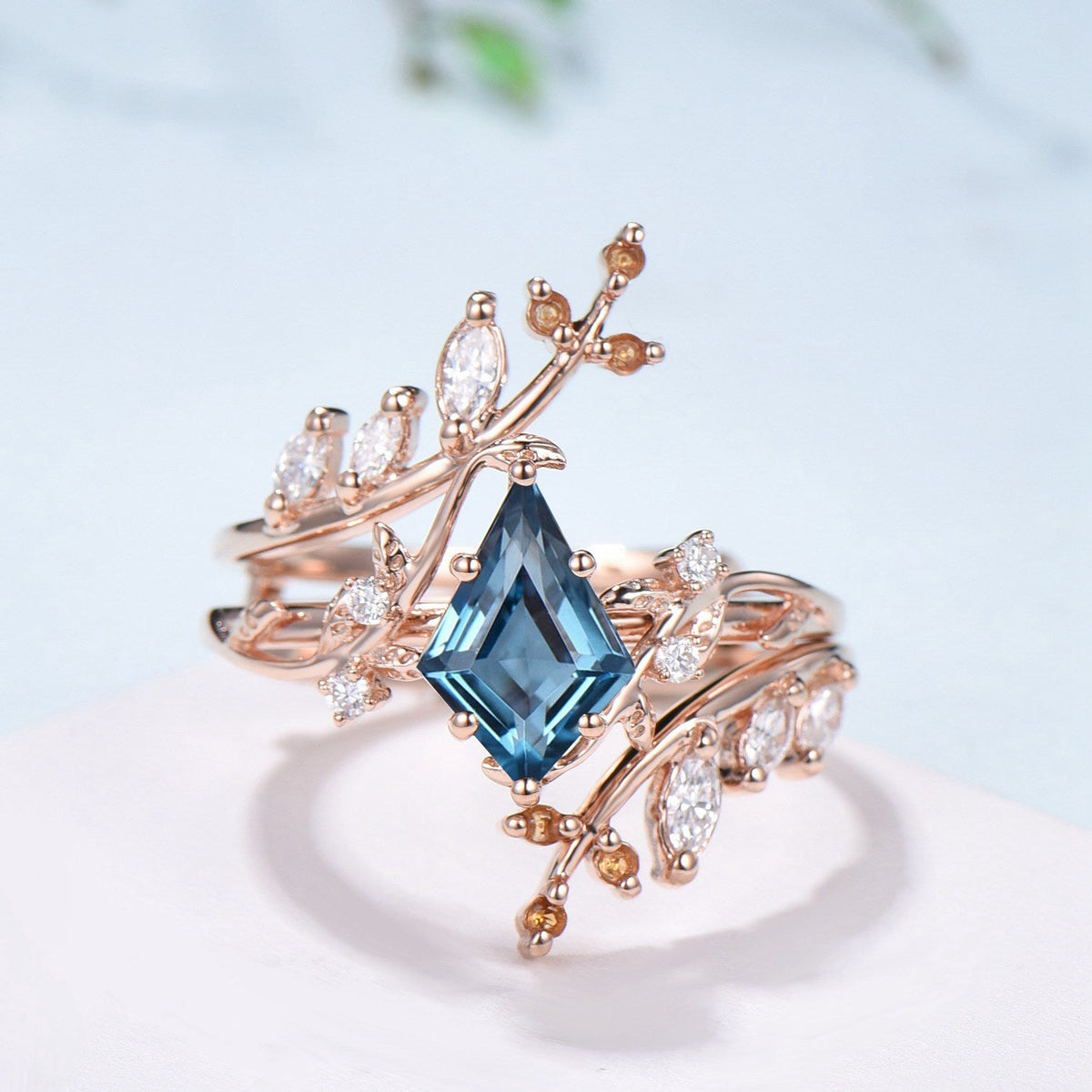 Unique gothic kite cut London blue topaz engagement ring set cluster diamond engagement ring leaf vine nature inspired citrine wedding set