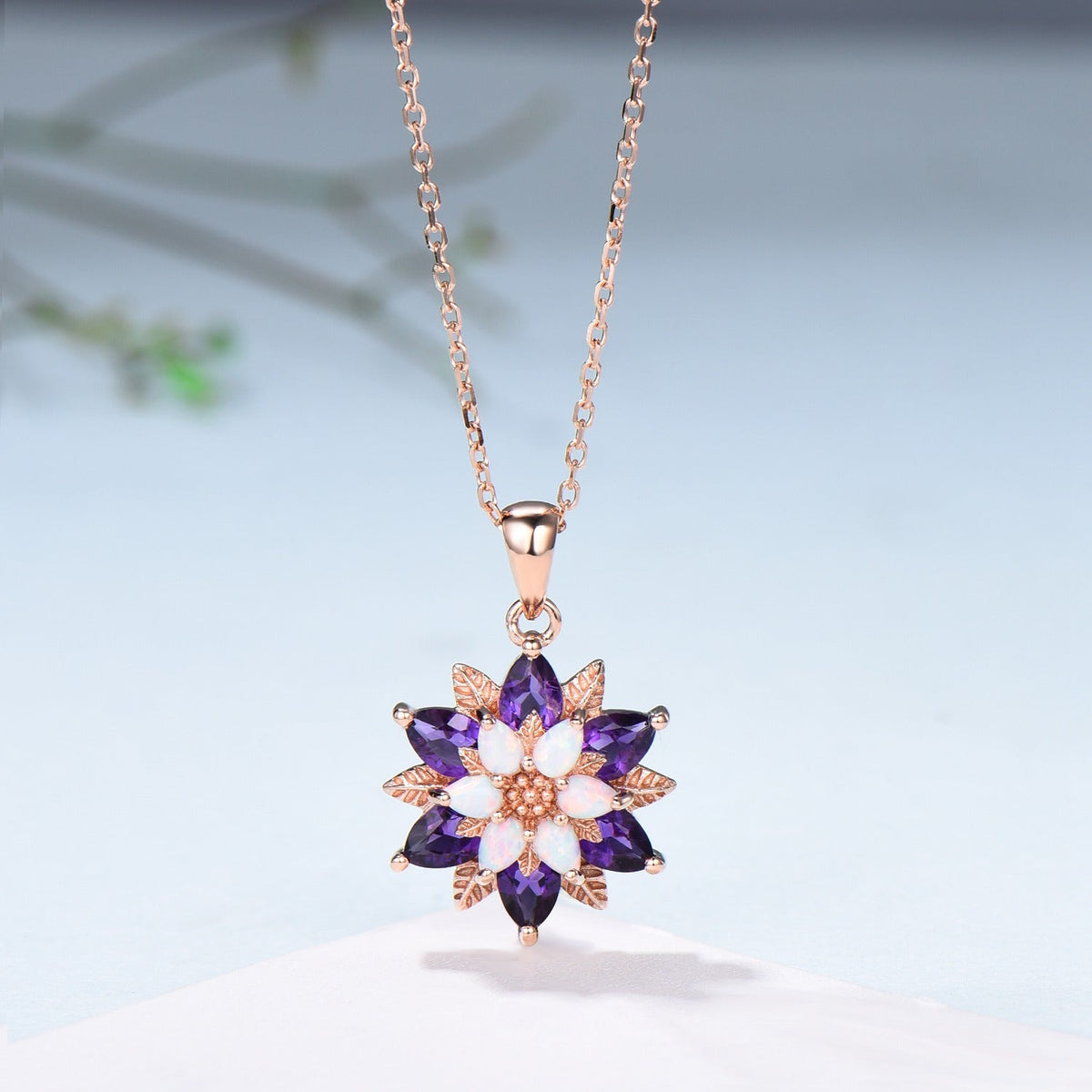 Unique Sunflower White Opal Amethyst Necklace Elegant Natural Inspired Double Halo Floral Pendant Leaf Vine Anniversary Promise Gift