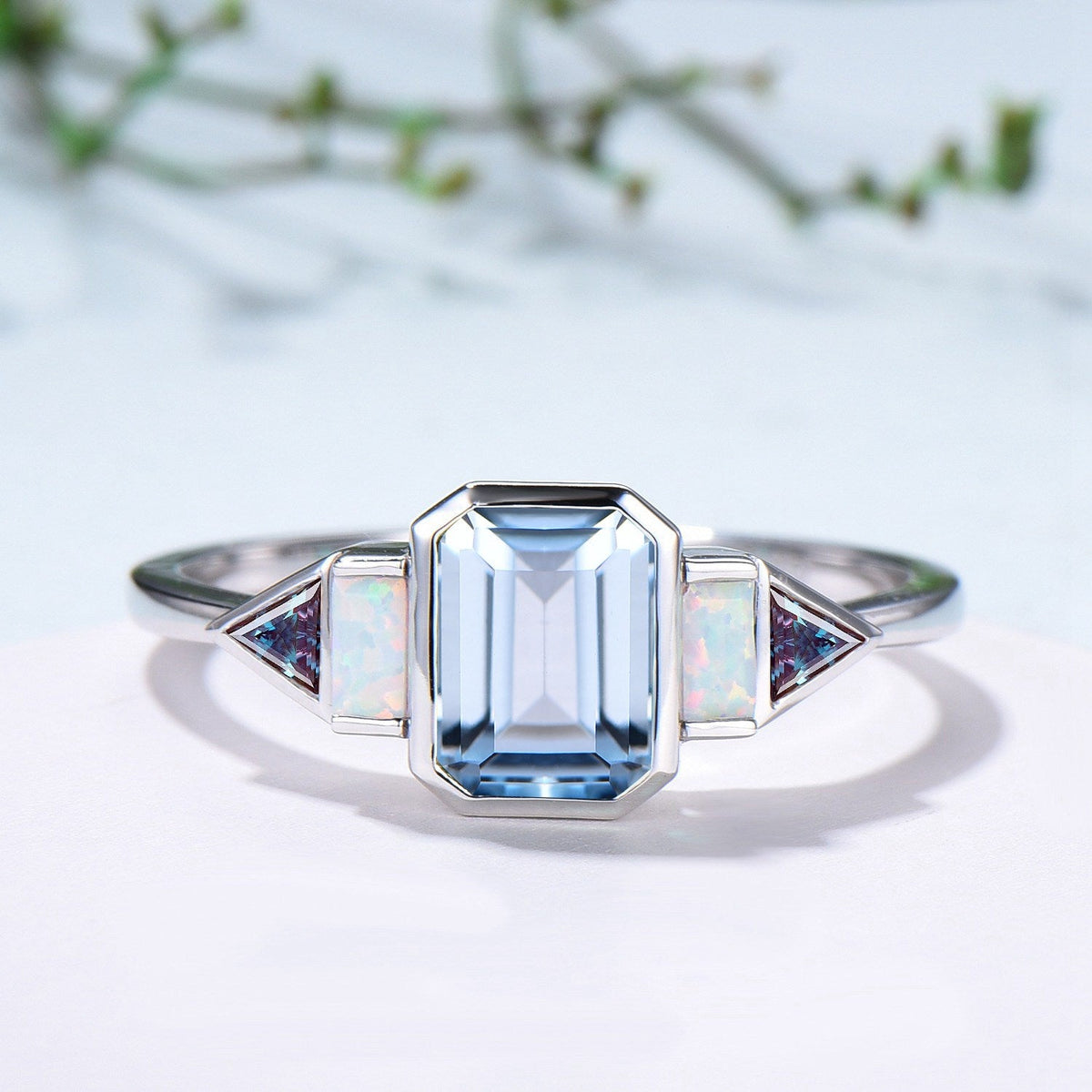 Bezel Set Emerald Cut Aquamarine Engagement Ring Five Stone Baguette Opal & Trillian Alexandrite Wedding Band