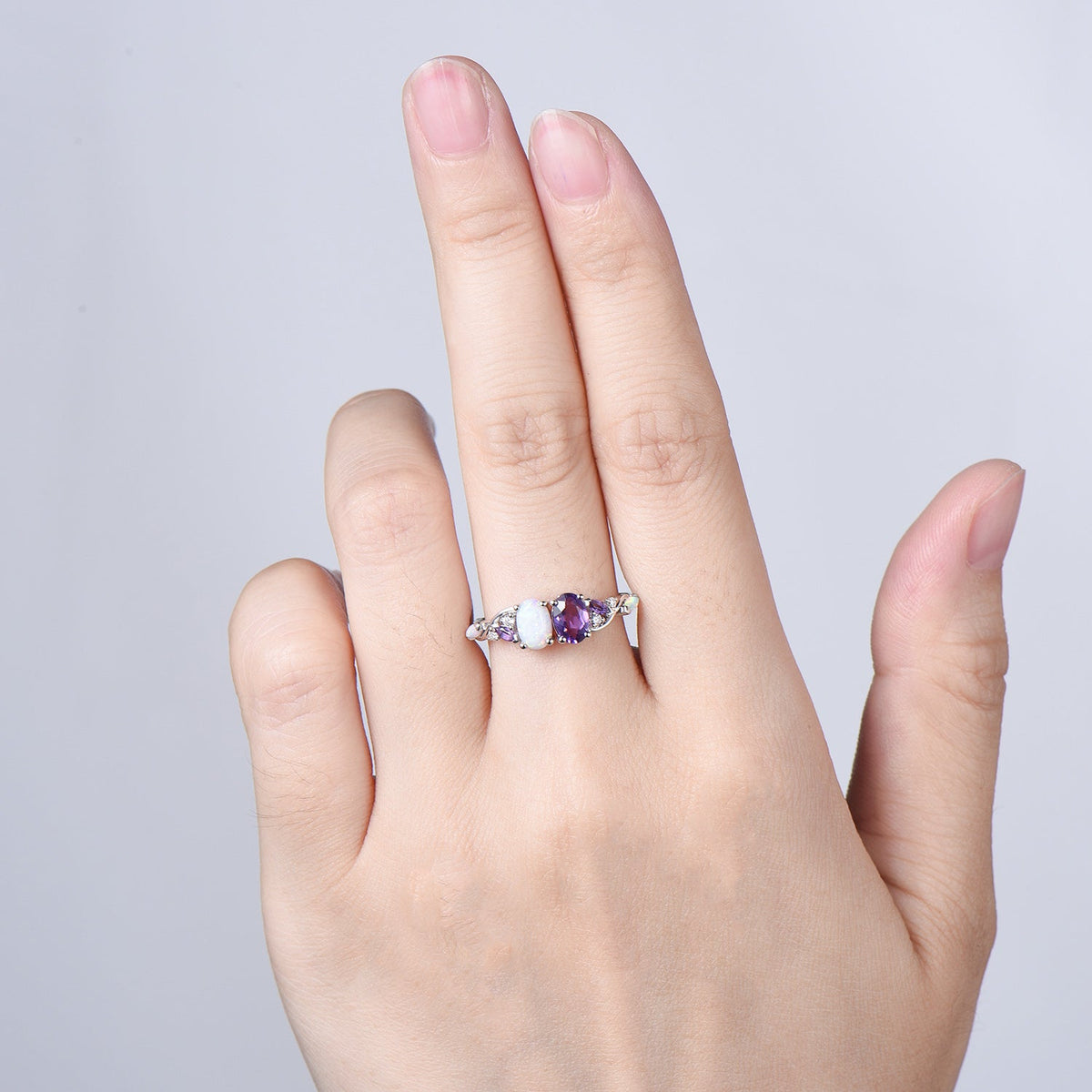 Toi et Moi Opal and Amethyst Engagement Ring | Two Stone Vine Band