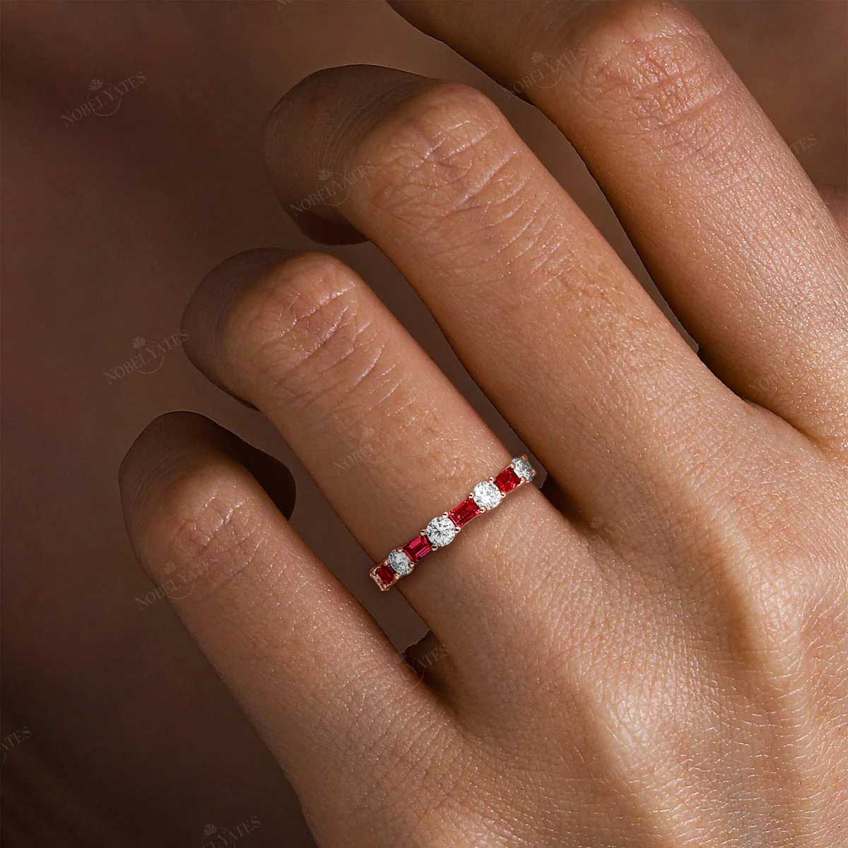 Art Deco Lab Ruby Baguette & Lab Diamond Round Wedding Band