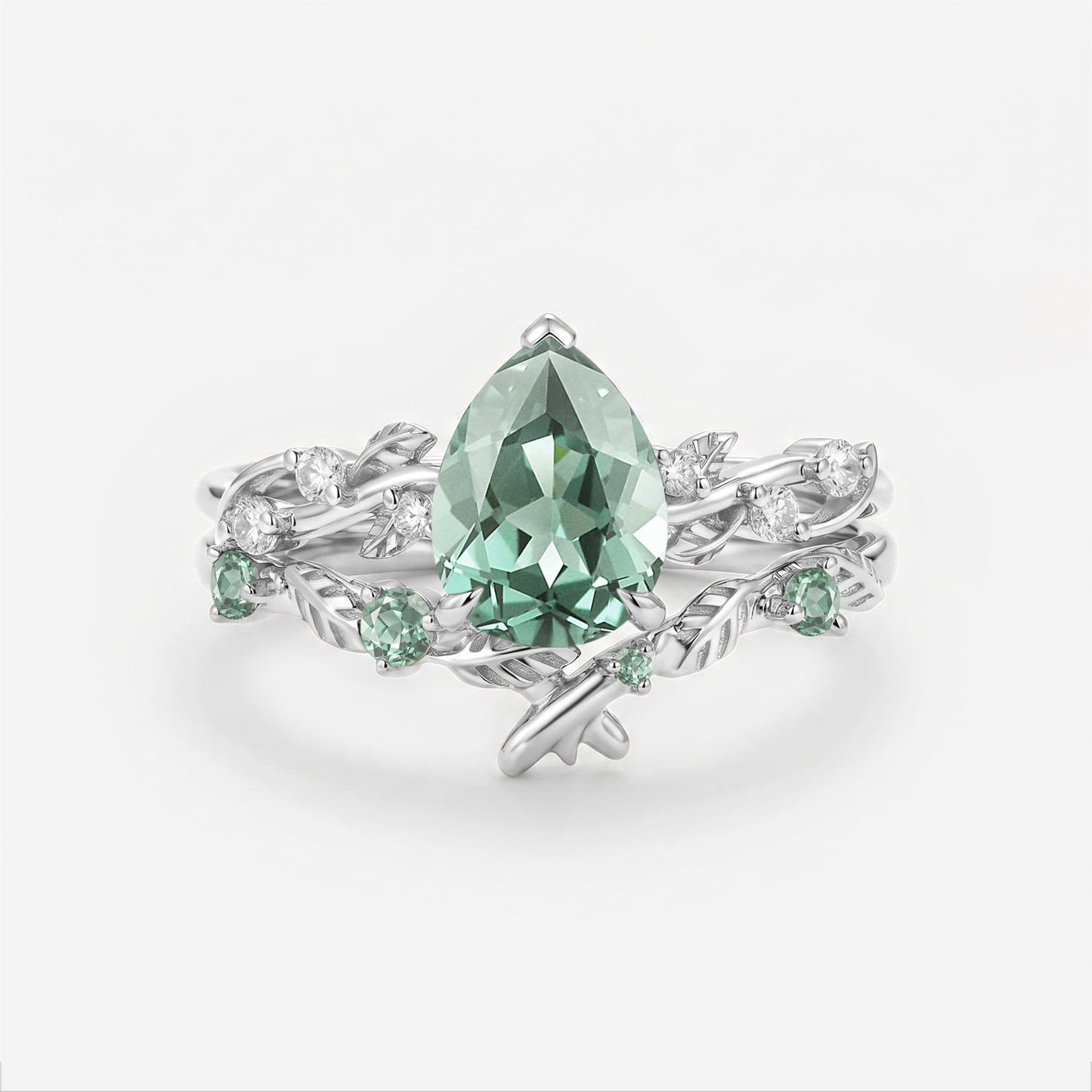 Pear Cut Lab Green Sapphire Leaf Vintage Engagement Ring Sets - Flora