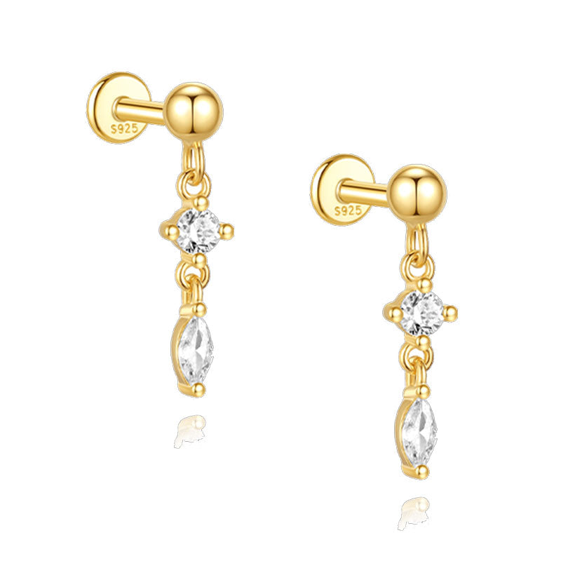 S925 Sterling Silver Gold Plated Round & Marquise CZ Chain Dangle Flat Back Cartilage Earring