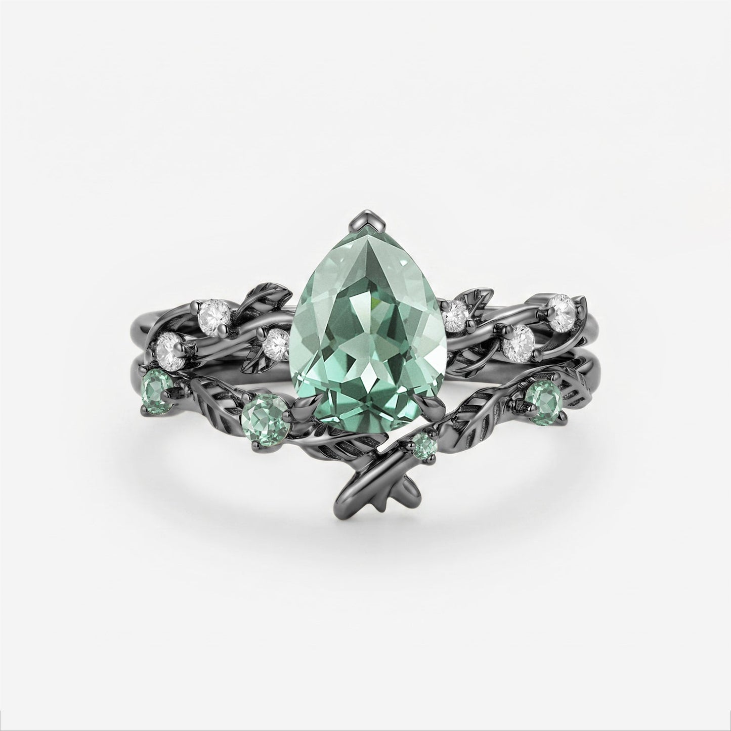 Pear Cut Lab Green Sapphire Leaf Vintage Engagement Ring Sets - Flora