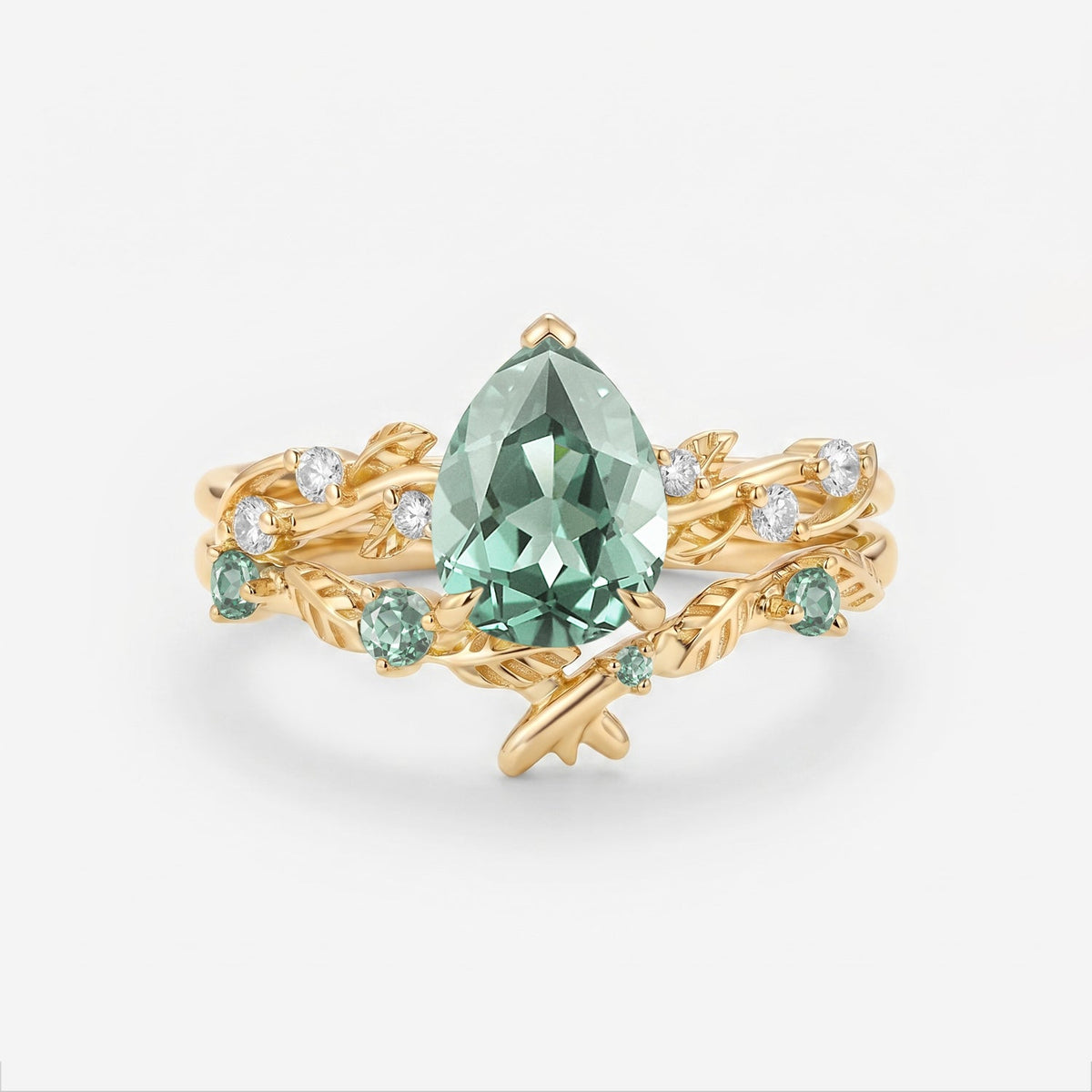 Pear Cut Lab Green Sapphire Leaf Vintage Engagement Ring Sets - Flora