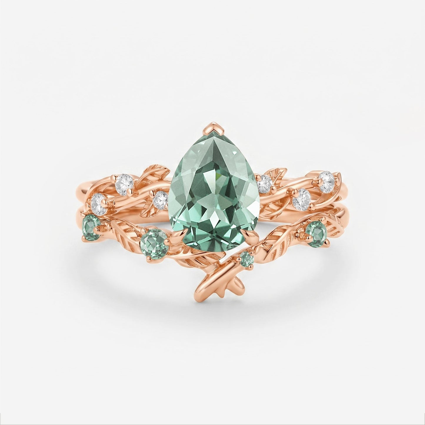 Pear Cut Lab Green Sapphire Leaf Vintage Engagement Ring Sets - Flora