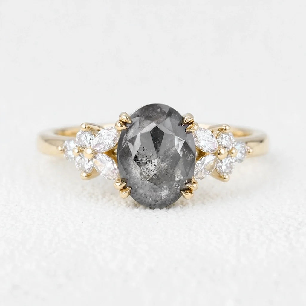 Isadora’s Bloom | 1CT Vintage Oval Salt & Pepper Diamond Cluster Engagement Ring