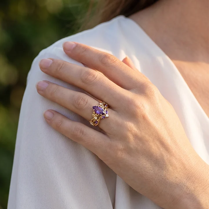 Violet’s Twig | Vintage Marquise Amethyst & Diamond Bridal Set 2pcs