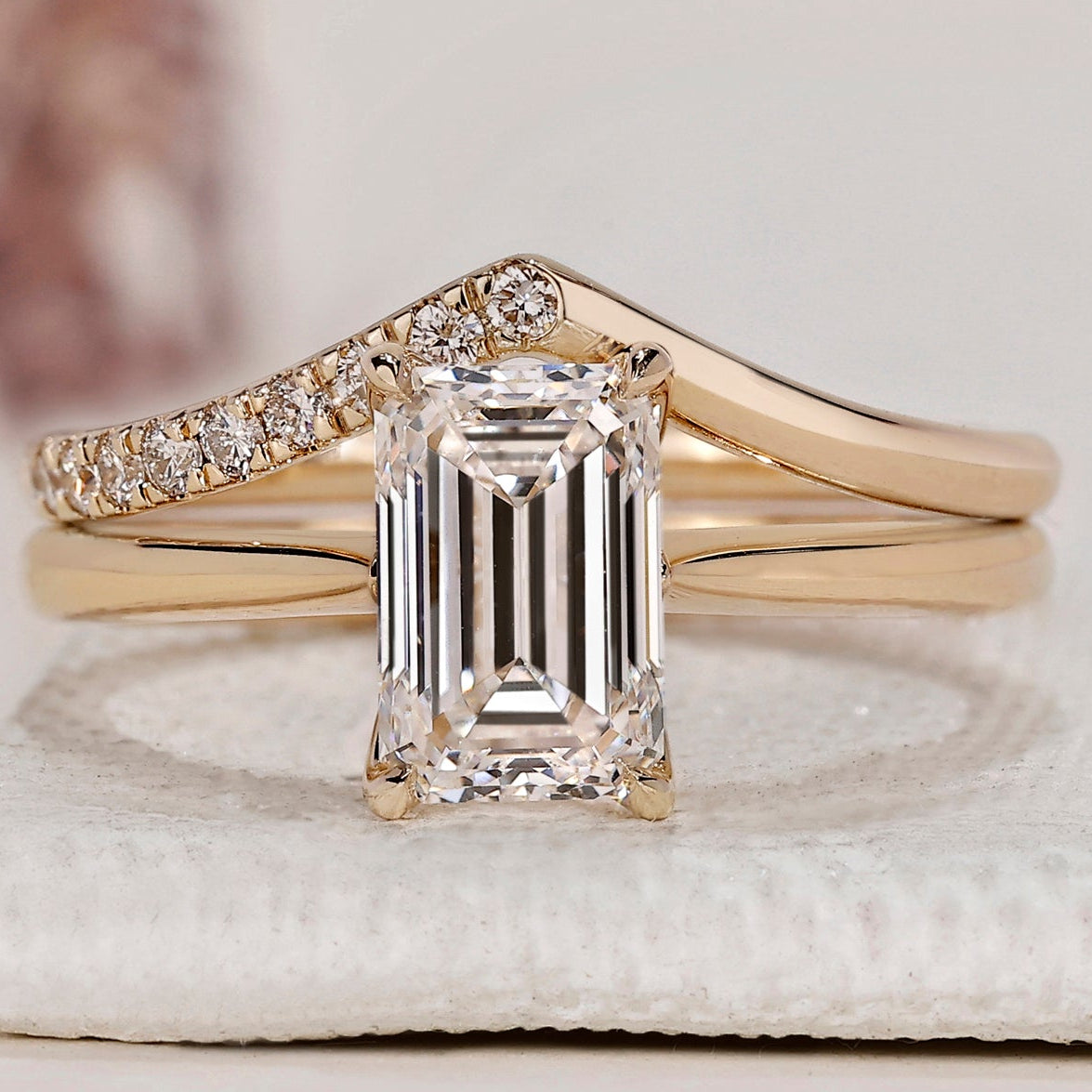 Emerald Cut Solitaire Ring with Wedding Band