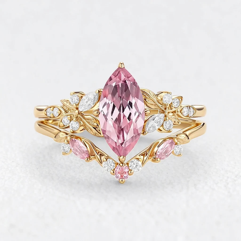 Peony's Bloom | Marquise Pink Sapphire Bridal Set 2pcs