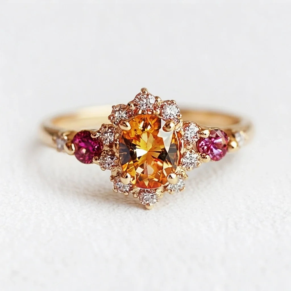 Flora's Wreath | Oval Mandarin Garnet & Multi‑Stone Halo Engagement Ring
