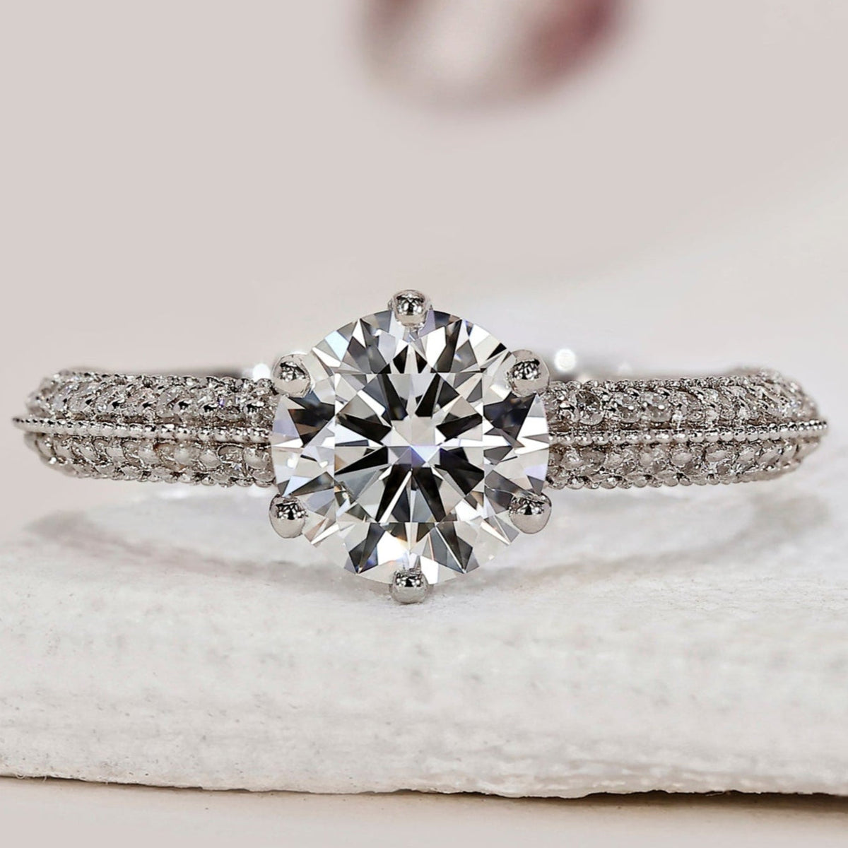 Round Diamond Double Row Pave Engagement Ring