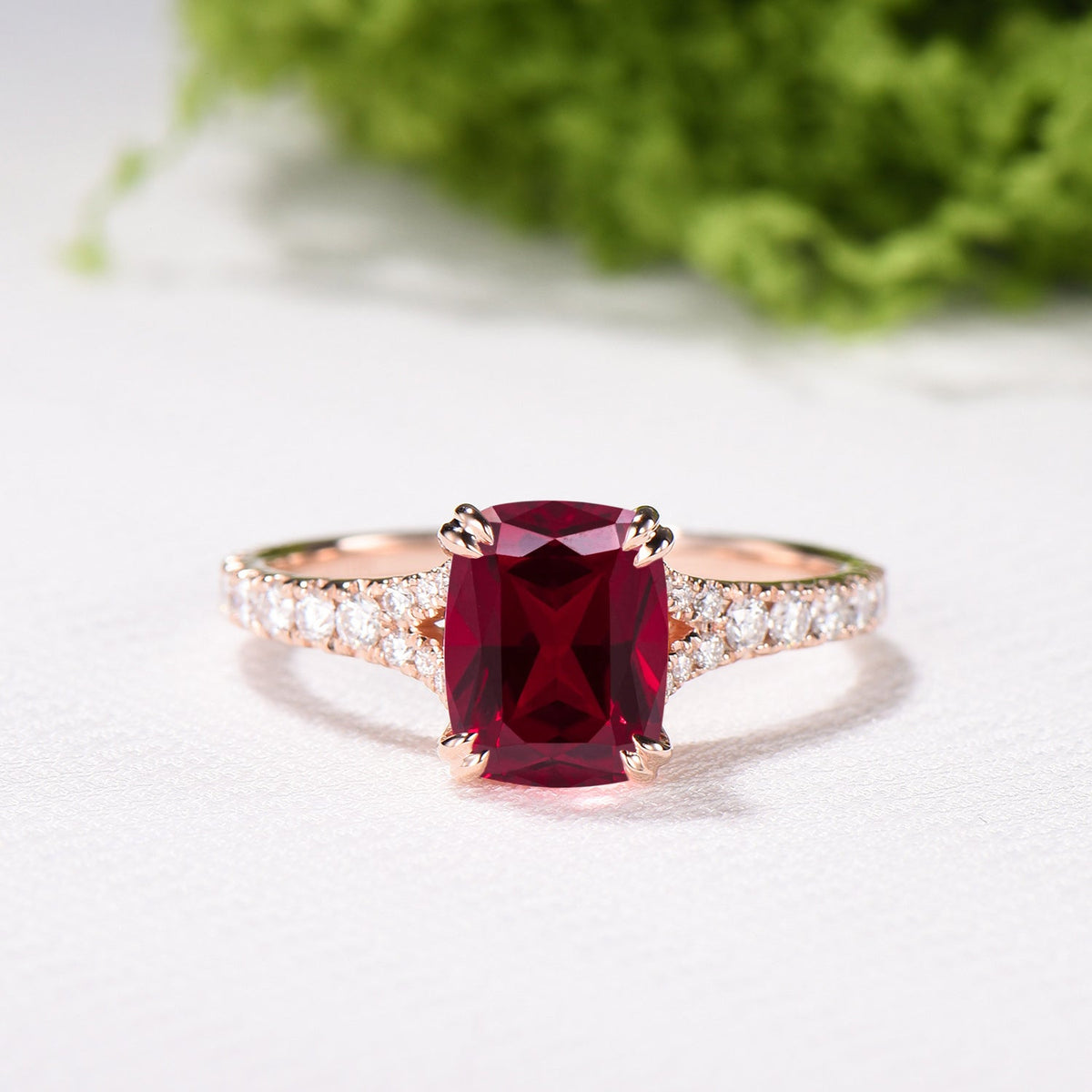 Cushion Ruby Engagement Ring, 14K Rose Gold Pave Diamond Split Shank, 8-Prong Anniversary Ring