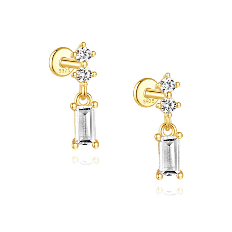 S925 Sterling Silver Gold Plated Round & Baguette CZ Drop Flat Back Cartilage Earring