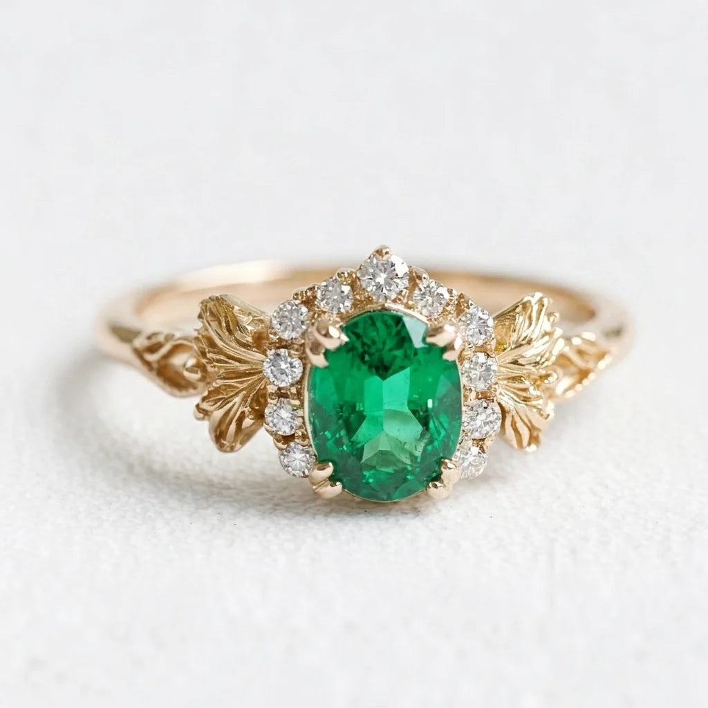 Isolde’s Heritage | Oval Natural Emerald & Diamond Halo Engagement Ring