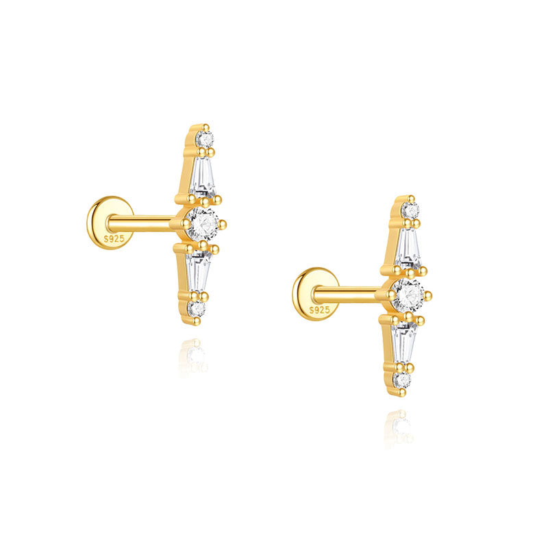 S925 Sterling Silver Gold Plated Round & Baguette CZ Linear Flat Back Cartilage Earring