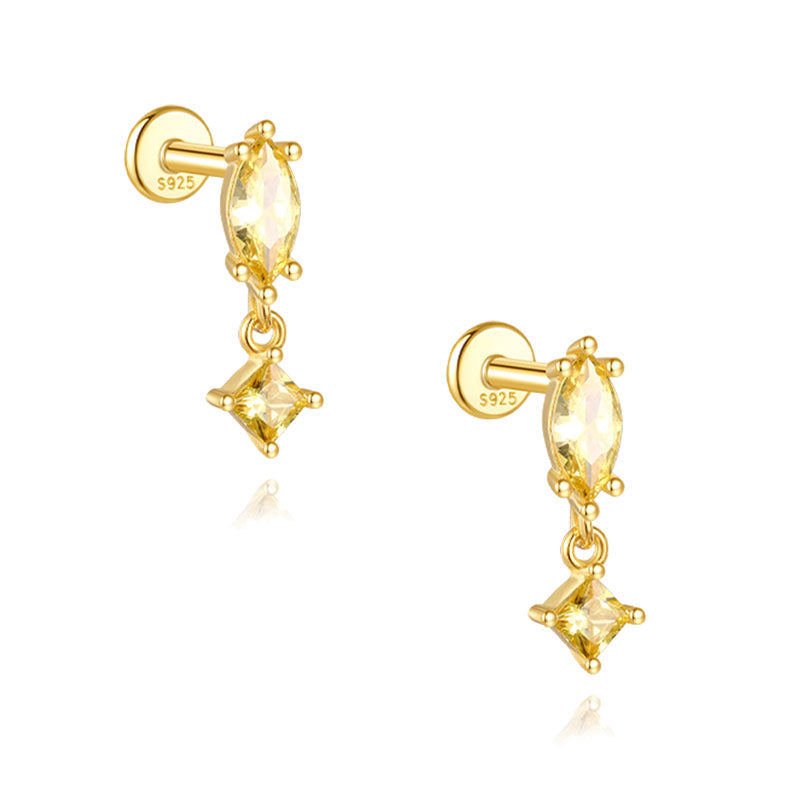 S925 Sterling Silver Gold Plated Yellow Marquise & Princess Cut CZ Dangle Flat Back Cartilage Earring