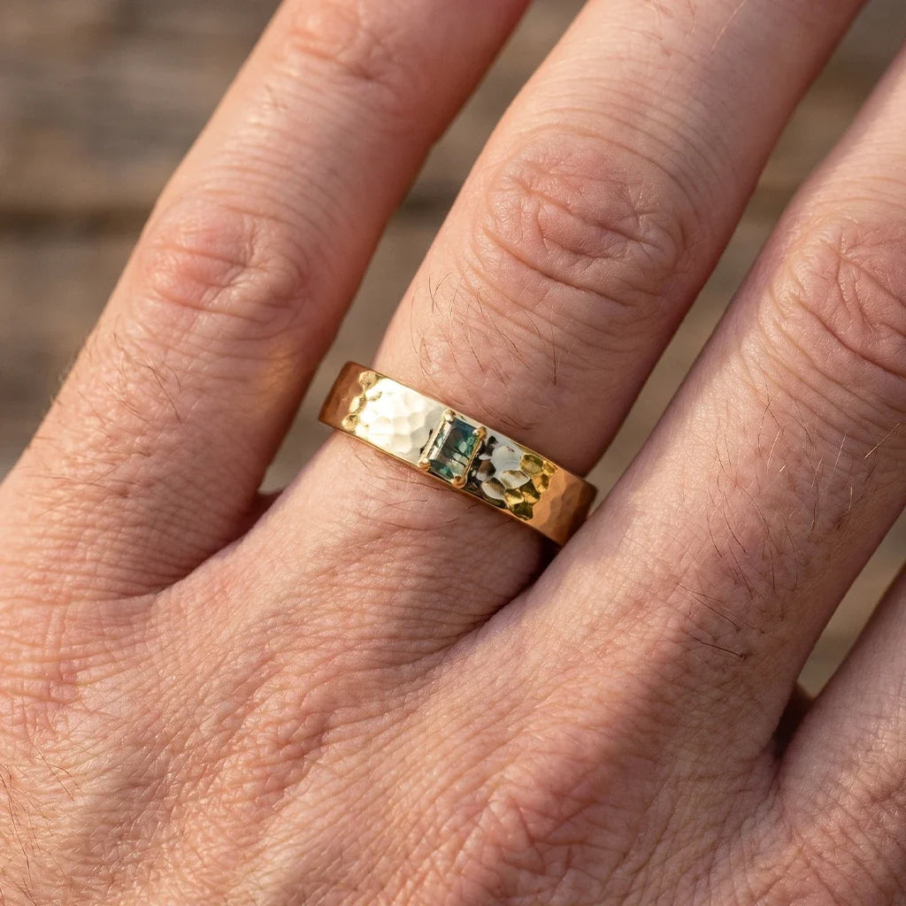 Marcus’s Keystone | Hammered Moss Agate Men’s Wedding Band