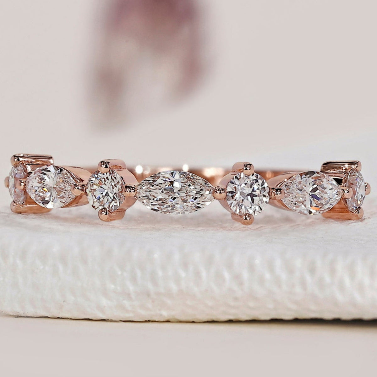 Rose Gold Round And Marquise Wedding Band