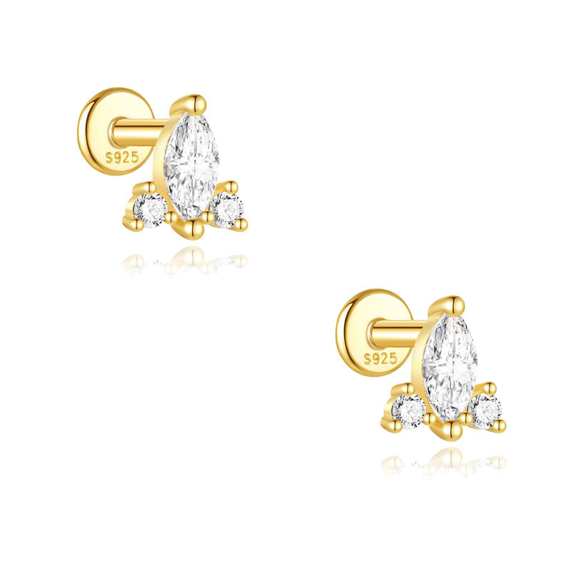 S925 Sterling Silver Gold Plated Marquise & Round CZ Crown Flat Back Cartilage Earring