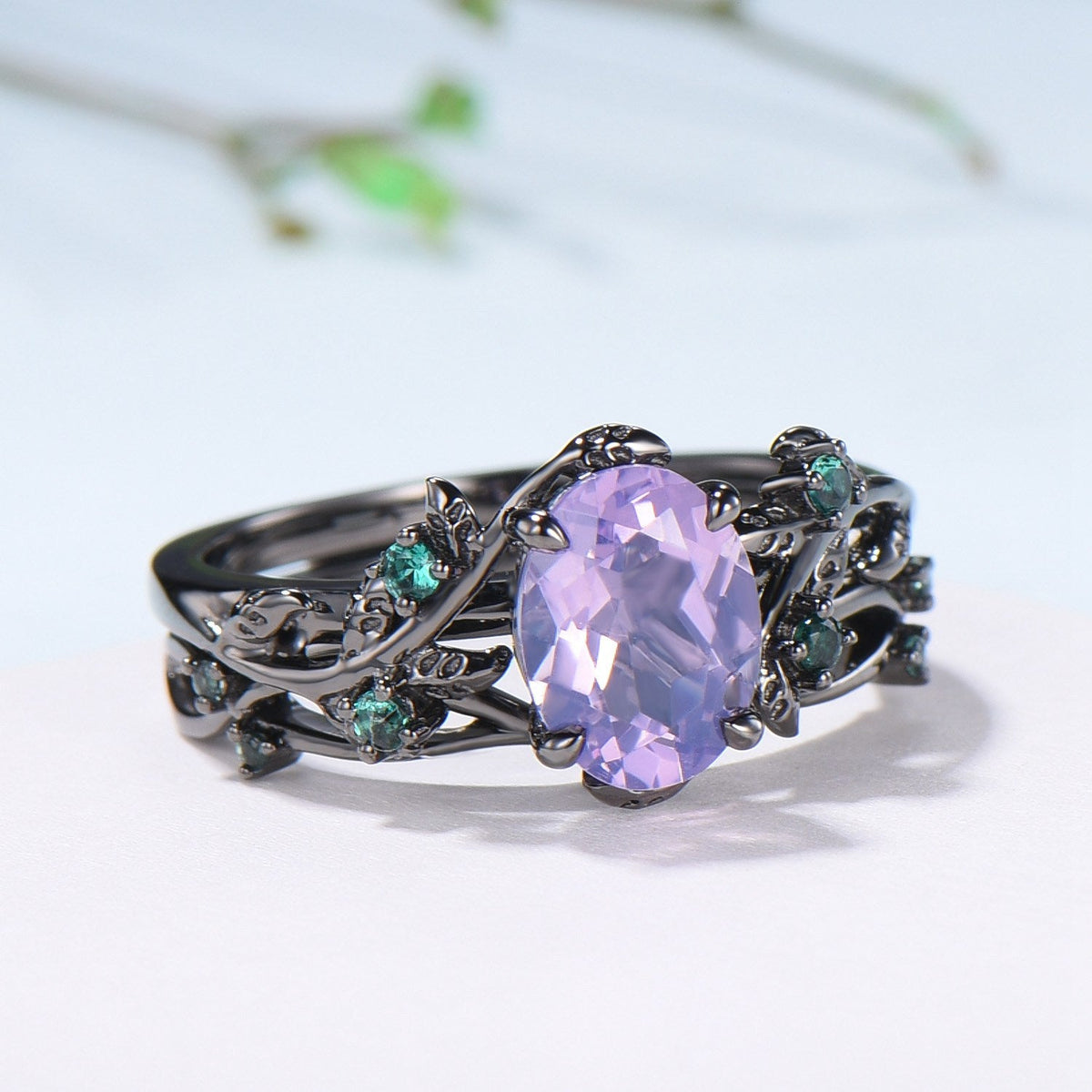Gothic Oval Lavender Amethyst & Emerald Engagement Ring in Black Gold - Nature Inspired Elvish Vine Band