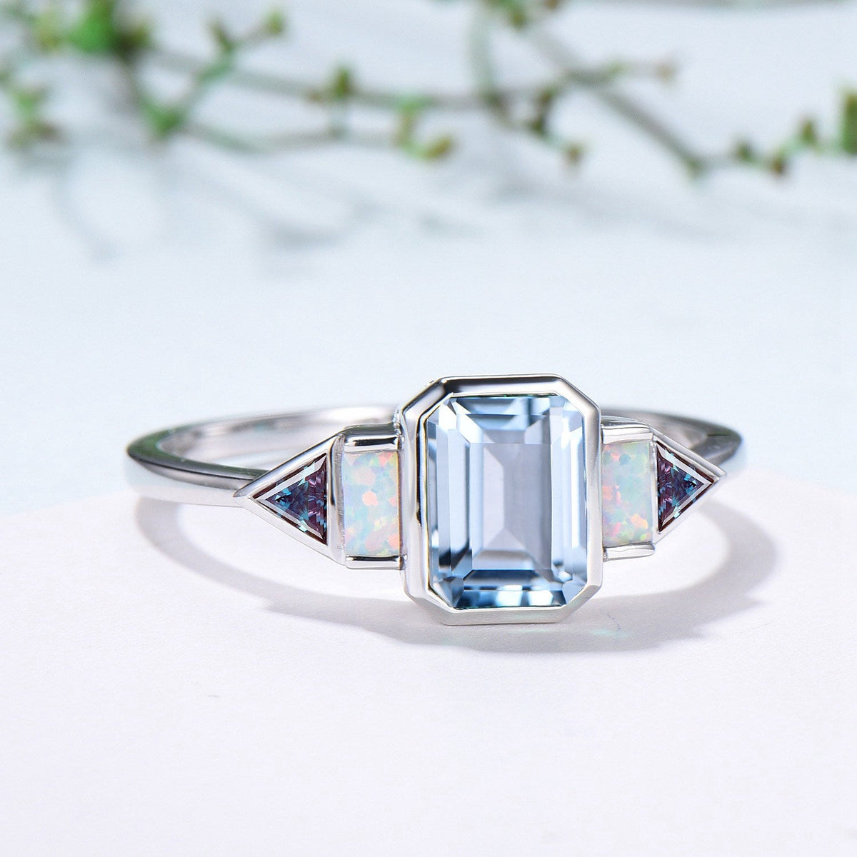 Bezel Set Emerald Cut Aquamarine Engagement Ring Five Stone Baguette Opal & Trillian Alexandrite Wedding Band