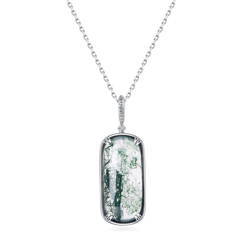 Hand Polished Rectangular Cut Moss Agate Pendant Necklace