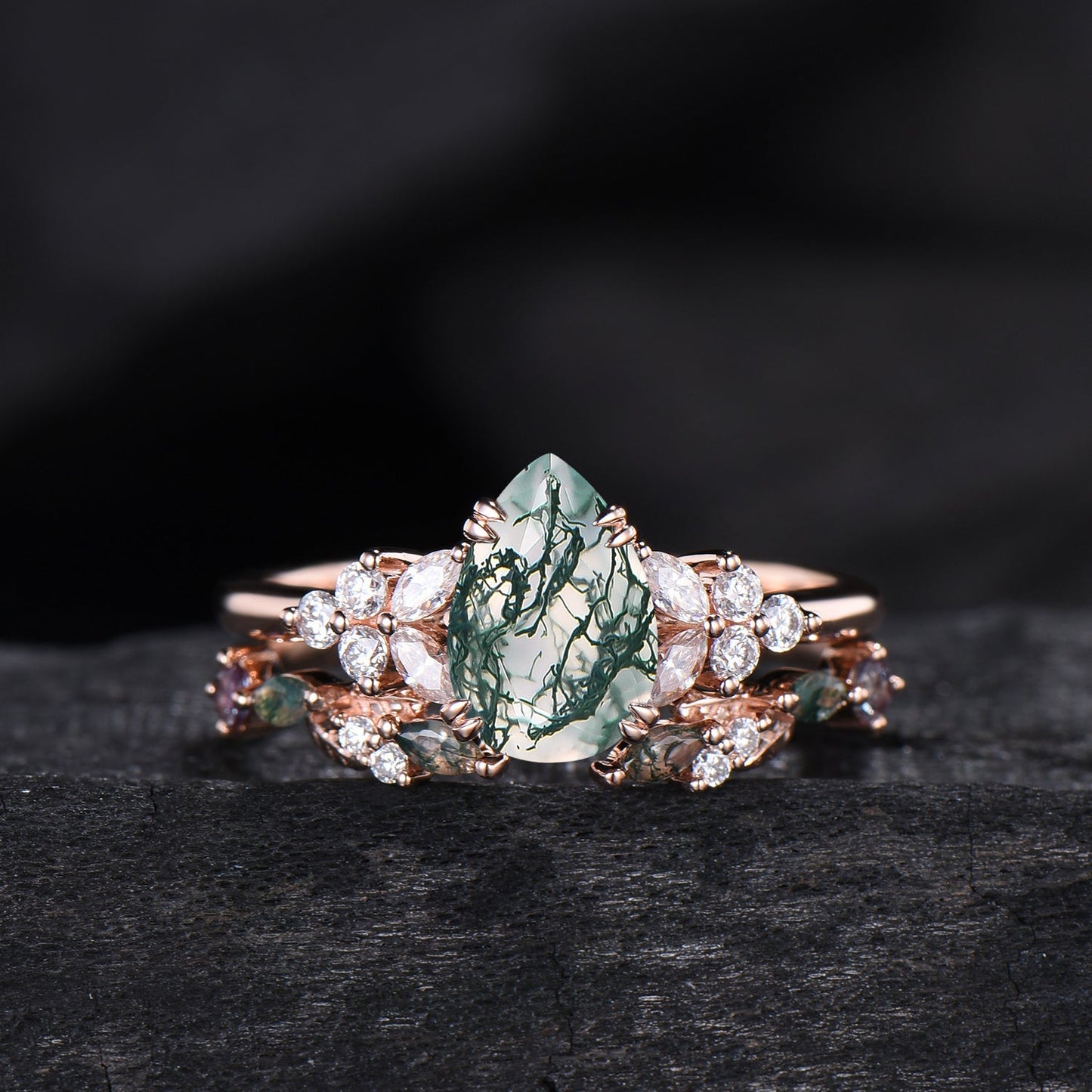 vintage pear shaped moss agate engagement ring floral 6x9mm green agate moissanite wedding set art deco leaf vine alexandrite stacking band