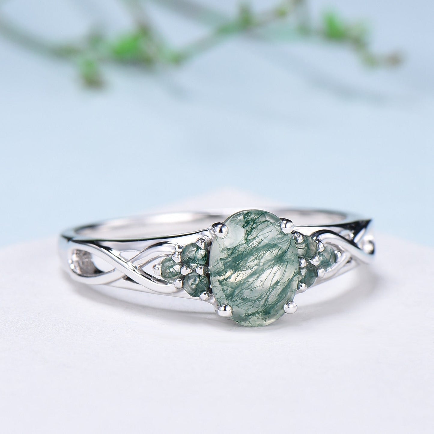 Celtic Knot Oval Natural Moss Agate Engagement Ring Solid 14K/18K White Gold Unique Infinity Ring Cluster Wedding Ring Anniversary gifts