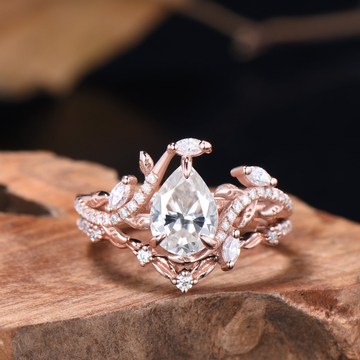 Nature Inspired Moissanite Bridal Set Teardrop Cut Moissanite Snake Engagement Ring Diamond Leaf Wedding Band Anniversary Gifts For Women