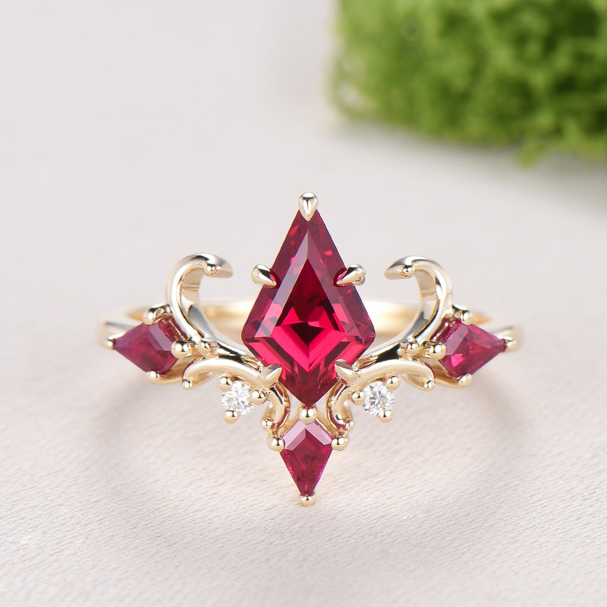 Unique Kite Cut Ruby Engagement Ring Rose Gold Four Max