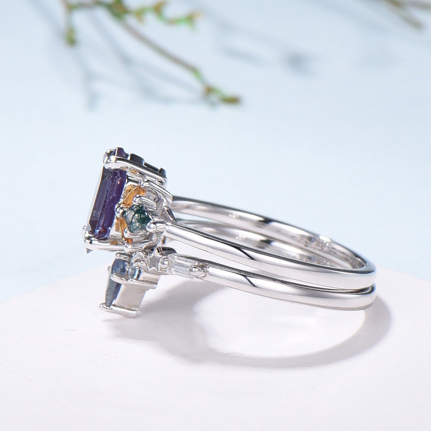 Vintage Elongated Hexagon Alexandrite Bridal Set with Citrine Moss Agate Cluster