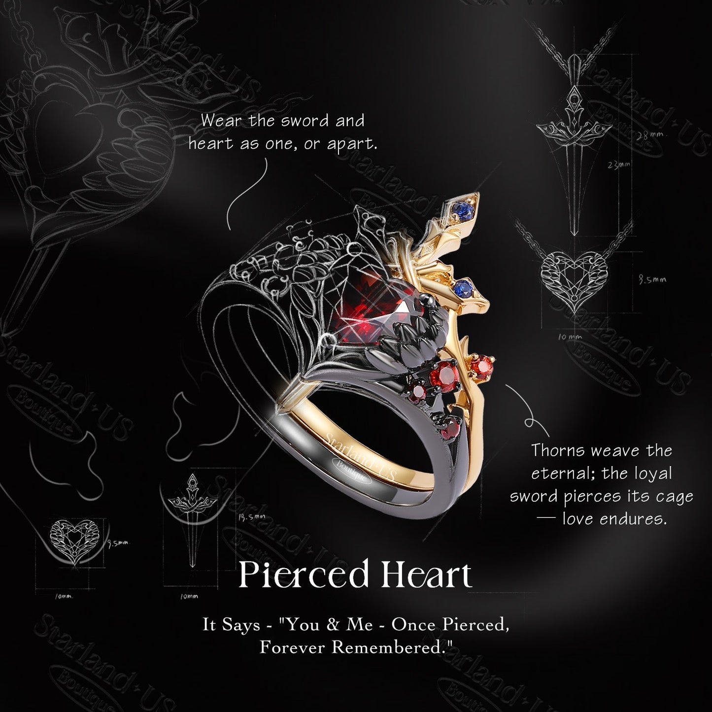 Unique Gothic Style Heart Shaped Garnet & Sapphire Sword Earrings - 'Pierced Heart'
