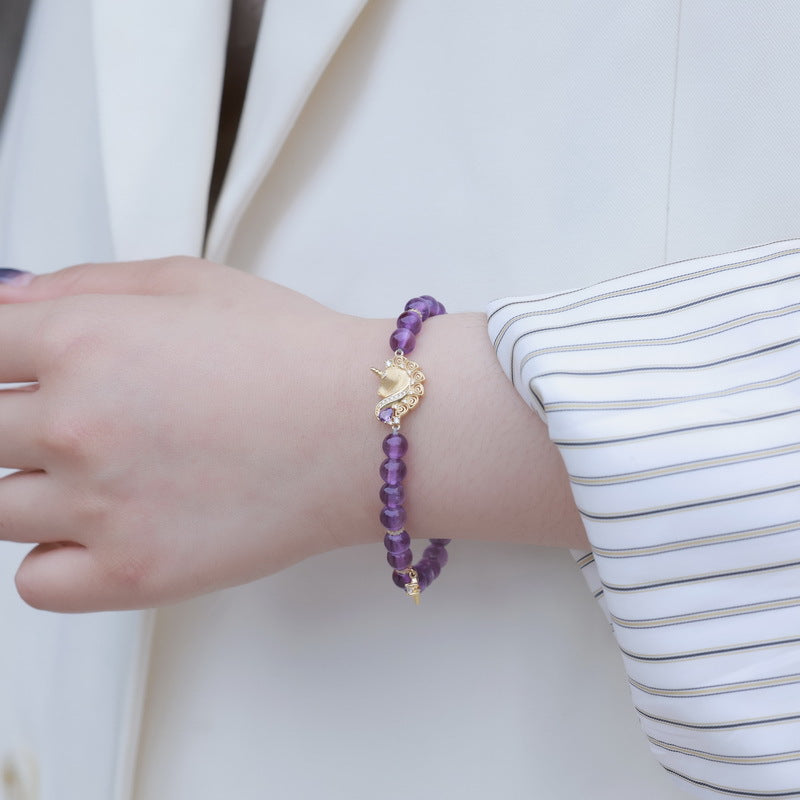 Handcrafted Brushed Gold Unicorn Bracelet Plated Amethyst Beaded Jewelry