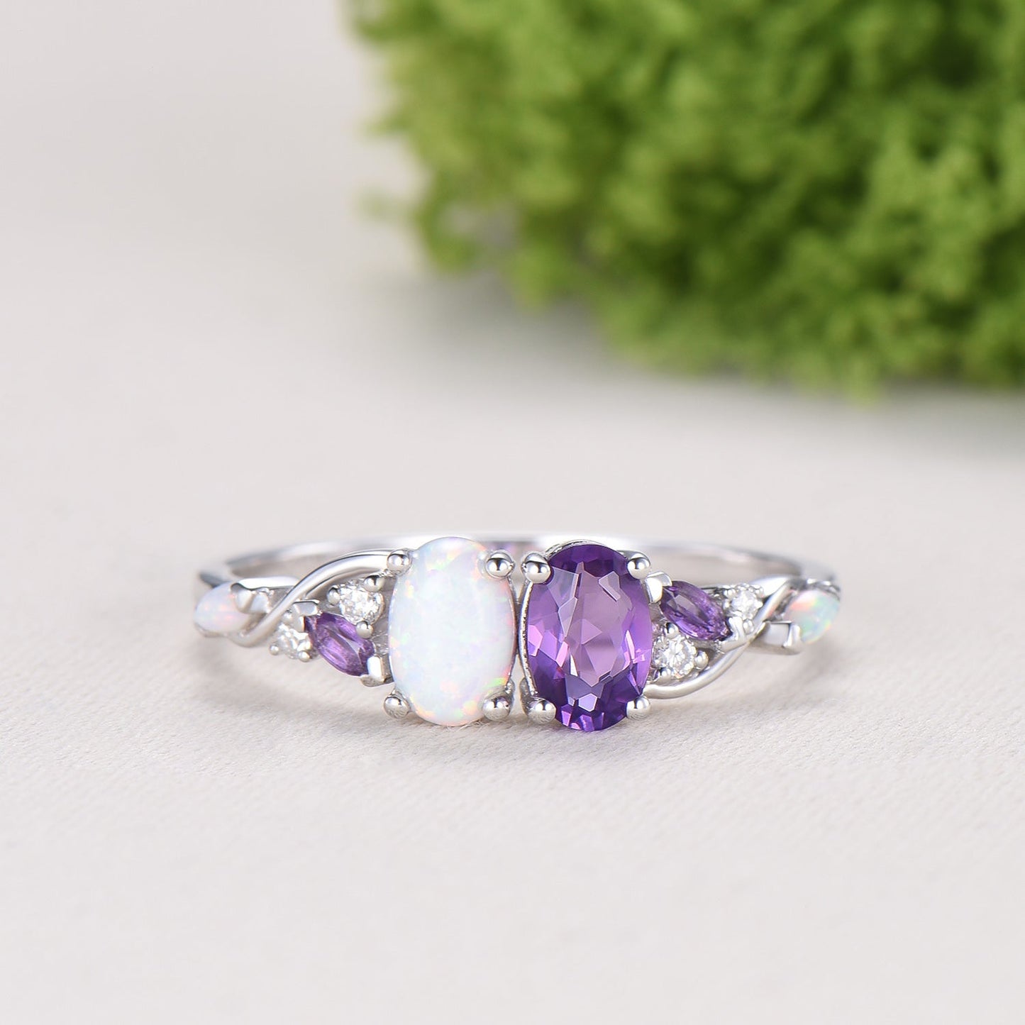 Toi et Moi Opal and Amethyst Engagement Ring | Two Stone Vine Band