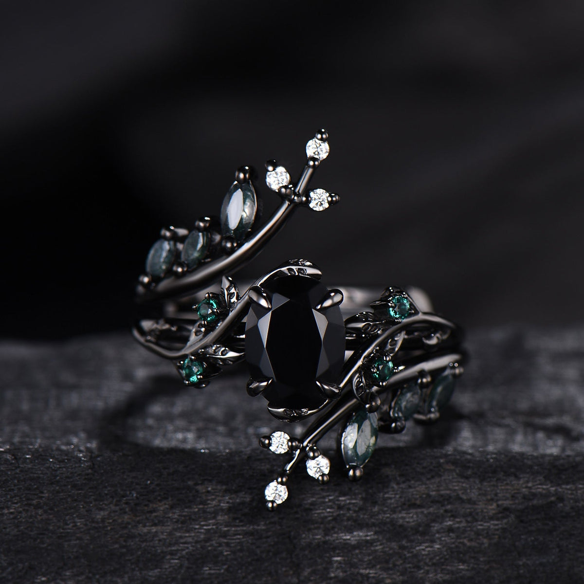 Unique gothic black gold onyx engagement ring set leaf nature inspired emerald wedding ring set twig vine marquise moss agate bridal set