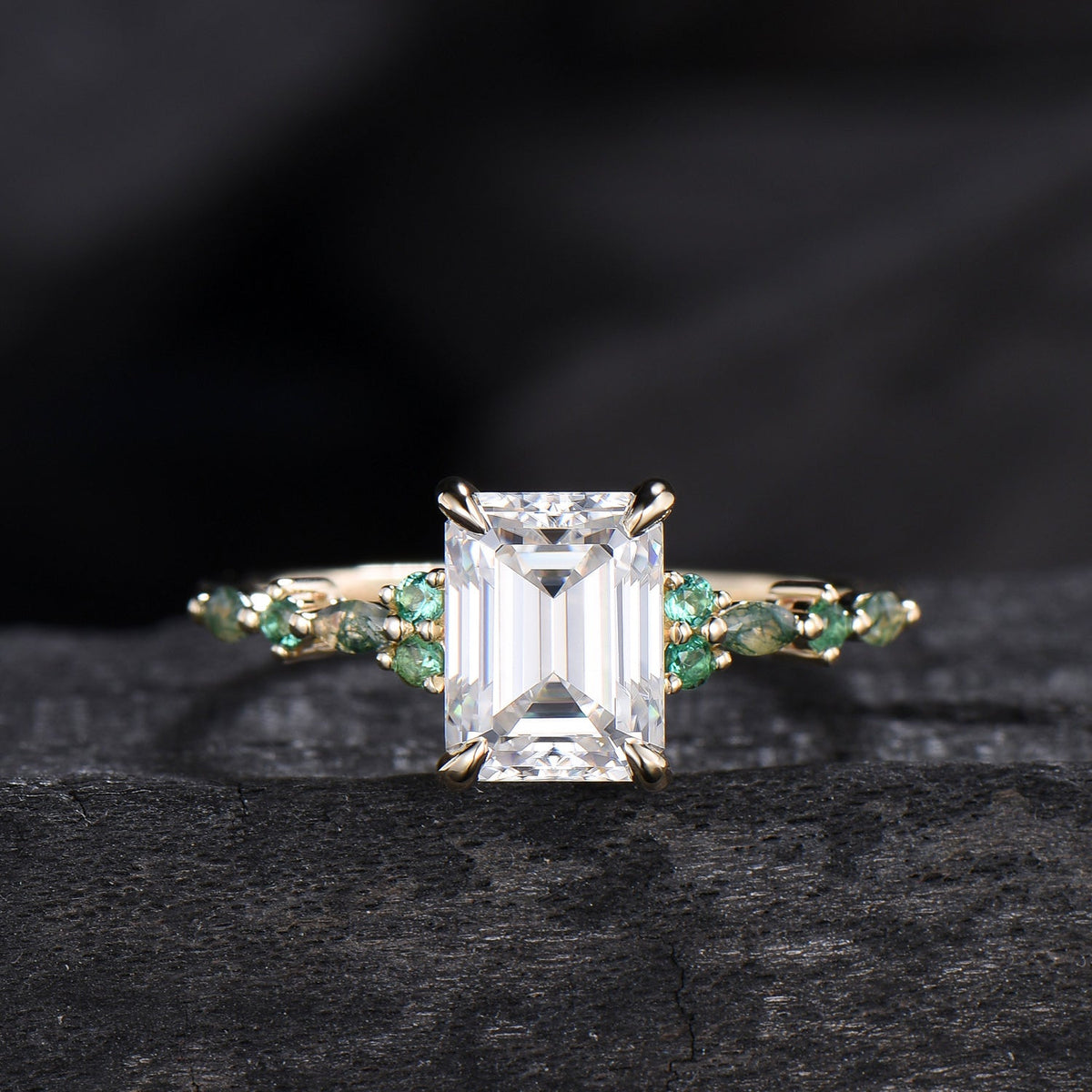 Vintage Emerald Cut Moissanite Engagement Ring Unique Marquise Moss Agate Moissanite Wedding Ring Art Deco Minimalsit Anniversary Ring Gift