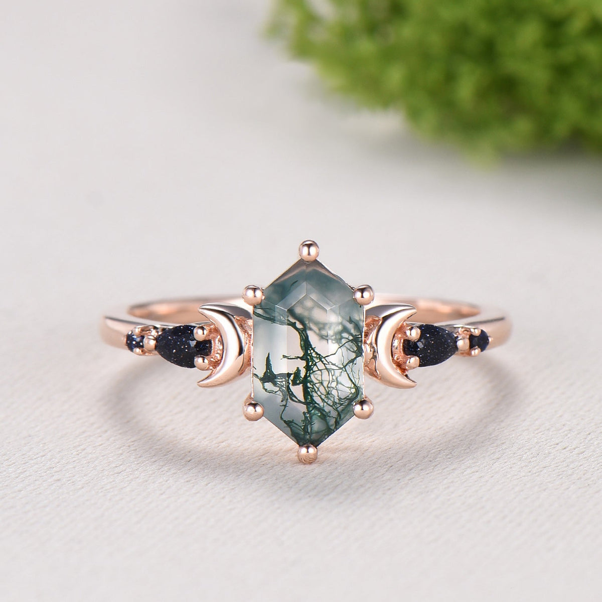 Long Hexagon Moss Agate Engagement Ring, Crescent Moon Blue Sandstone Band, Celestial Jewelry, Unique 14K Rose Gold Wedding Ring Set