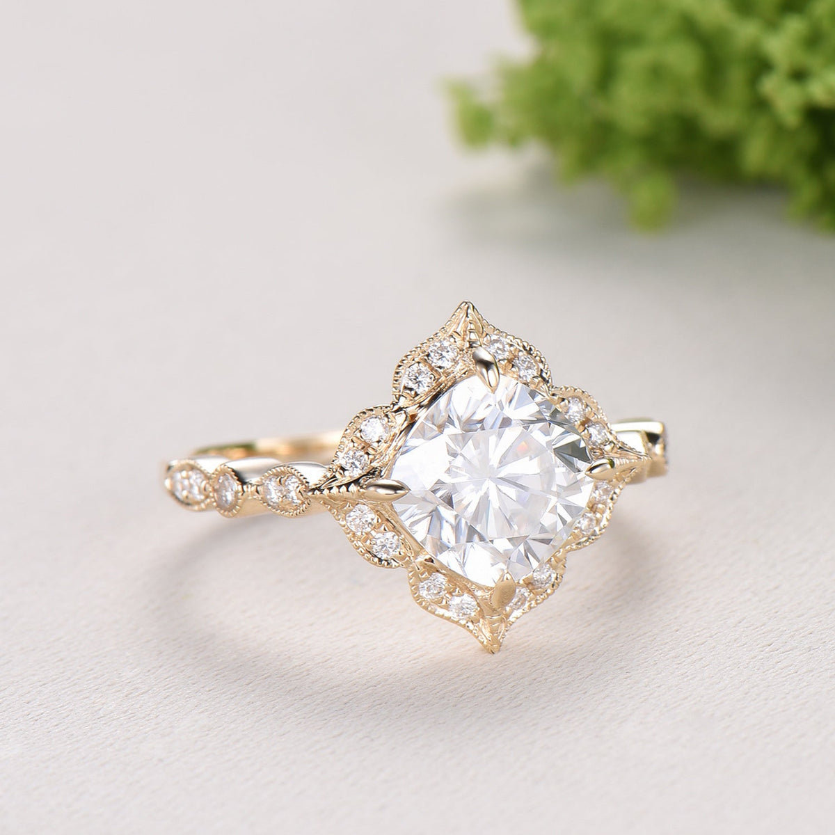 Art Deco Cushion Cut Moissanite Engagement Ring, 14K Yellow Gold Milgrain Marqusie Diamond Band