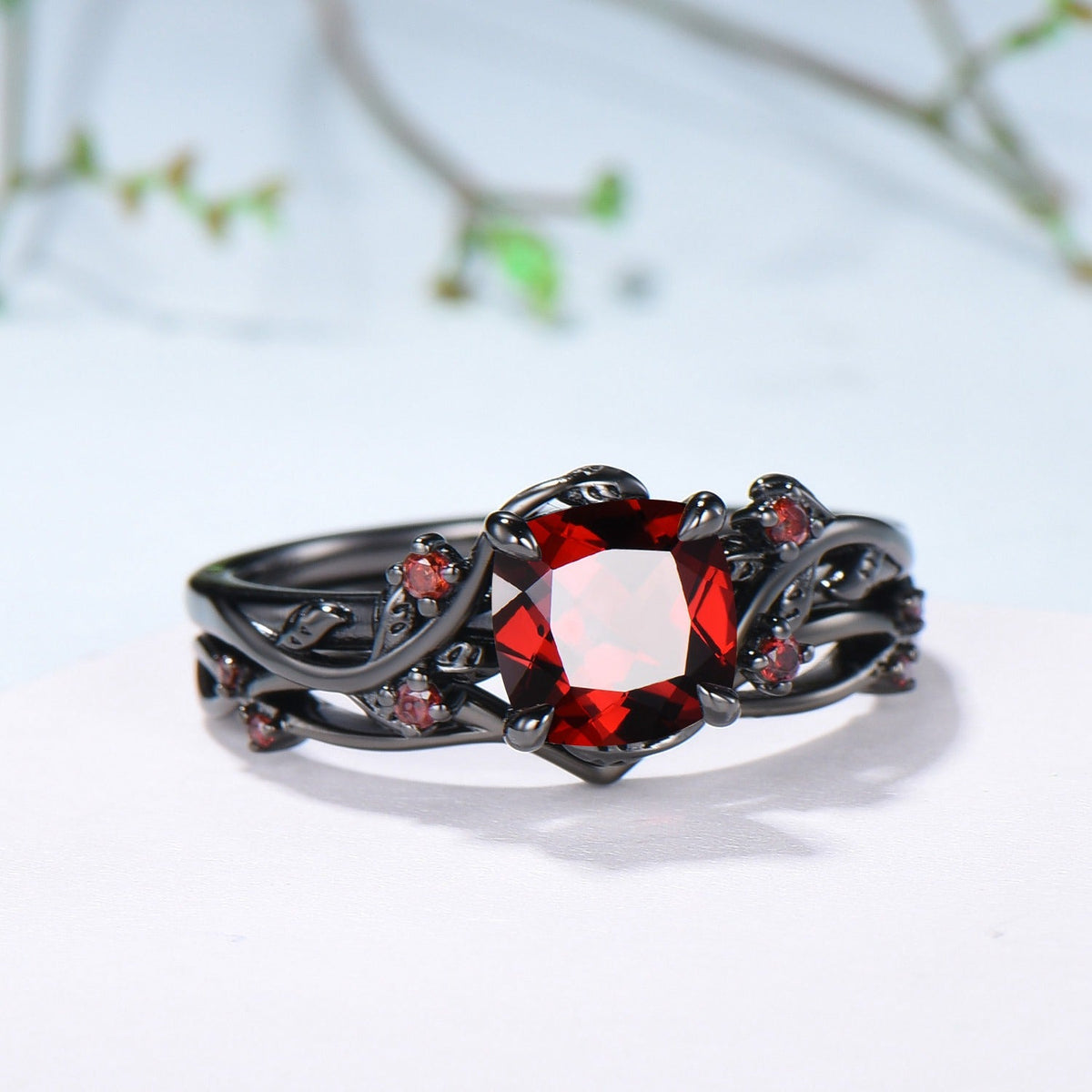 Unique gothic cushion cut garnet wedding ring set black gold natural inspired January birthstone engagement ring for women 2pcs bridal set