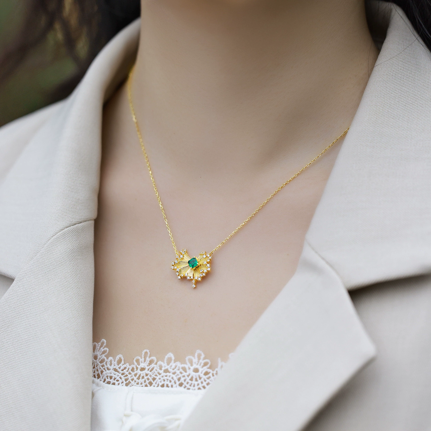 Vintage Inspired Gold Sunburst Necklace with Emerald Green Gem and Crystal Halo