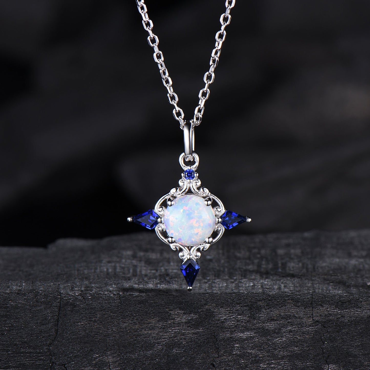 Celtic Knot Opal Pendant Necklace, 14K Rose Gold, Sapphire Accents